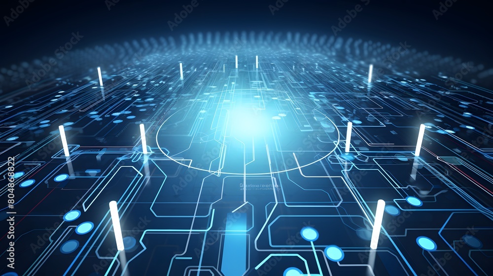 Fototapeta premium Electronic circuit image with blue light surrounding it, template