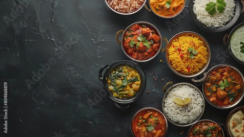 Assorted Indian Curry and Rice Dishes - Vibrant Overhead Composition with Traditional Flavors