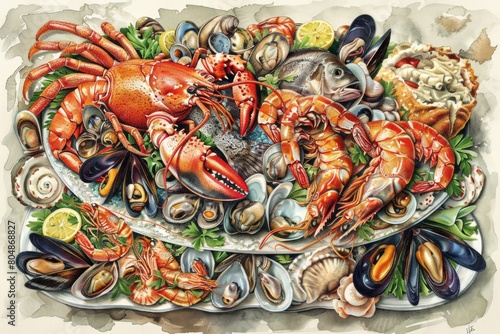 Marine Harvest: A Captivating Painting of Seafood, Showcasing Shrimp, Lobster, and Fish