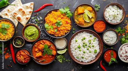 Assorted Indian Curry and Rice Dishes - Vibrant Overhead Composition with Traditional Flavors photo