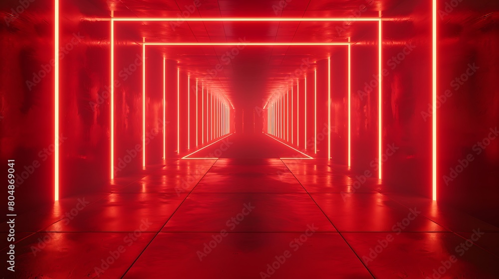 3D Render of a Room with Glowing Light Red Neon Lines. Abstract Background. Generative Ai