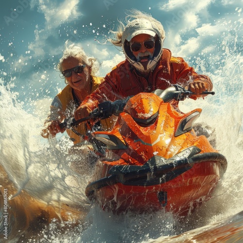 A cute elderly couple is enjoying their old age riding a jet ski on the beach  with happy faces and having fun enjoying their summer vacation.