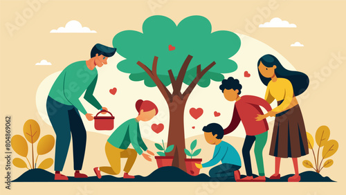 Families gathered around a freshly planted tree taking turns to pack the soil around its roots in a symbolic act of nurturing and growth. Together. Vector illustration