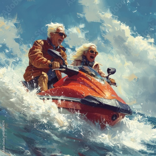 A cute elderly couple is enjoying their old age riding a jet ski on the beach, with happy faces and having fun enjoying their summer vacation.