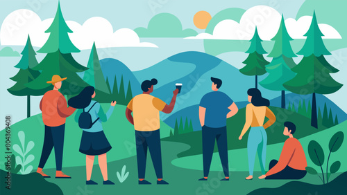 Against a stunning backdrop of towering trees members of a lowimpact group quietly marvel at the wonders of nature while taking care to avoid causing. Vector illustration