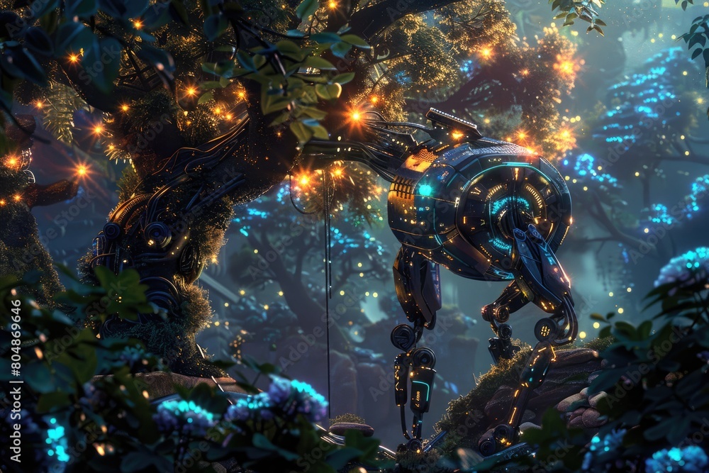 fantasy forest with flowers and trees in neon light fantasy forest with flowers and trees in neon light