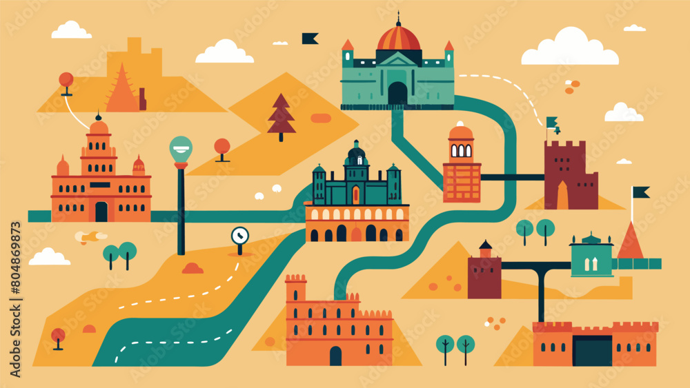An antique map of a city its streets and landmarks labeled in a language long forgotten.. Vector illustration An antique map of a city its streets and landmarks labeled in a language long forgotten.. Vector illustration