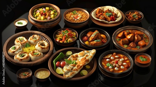 Assorted Authentic Indian Cuisine Spread on Stylish Black Background - Traditional Dishes from India