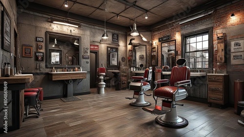 barber shop interior design with industrial architectural style and lots of mirror decorations and exposed walls with black colorway cool photo