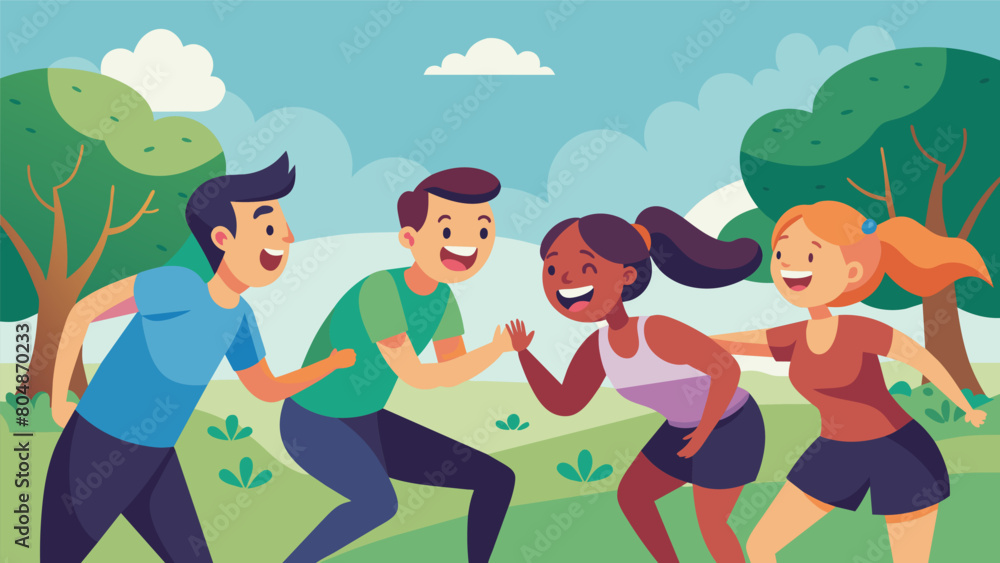 Laughter and friendly competition fill the air as friends challenge each other in a park circuit training session.. Vector illustration