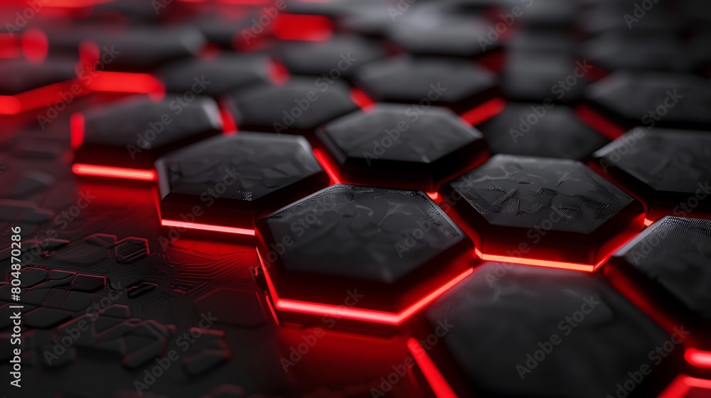 Fototapeta premium Abstract metallic red light on dark hexagon luxury background. Generative Ai
