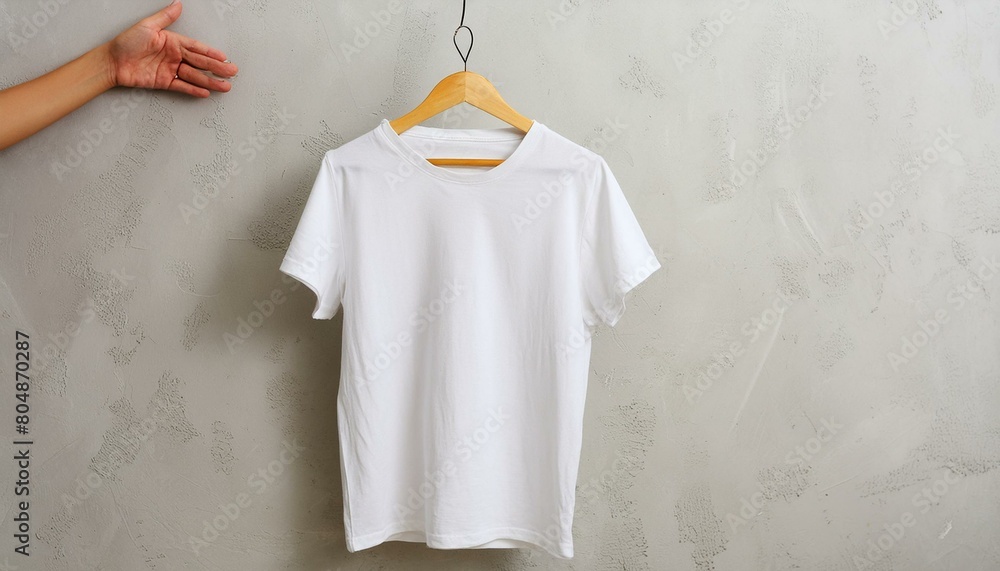 Photo white tshirt hanging in front of concrete wall. Wide Photo white tshirt hanging in front of concrete wall. Wide