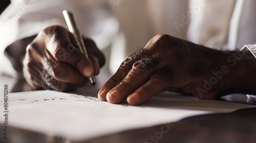 A close-up of a prisoner's hands writing a letter, expressing thoughts and maintaining connections outside prison walls © Sasint
