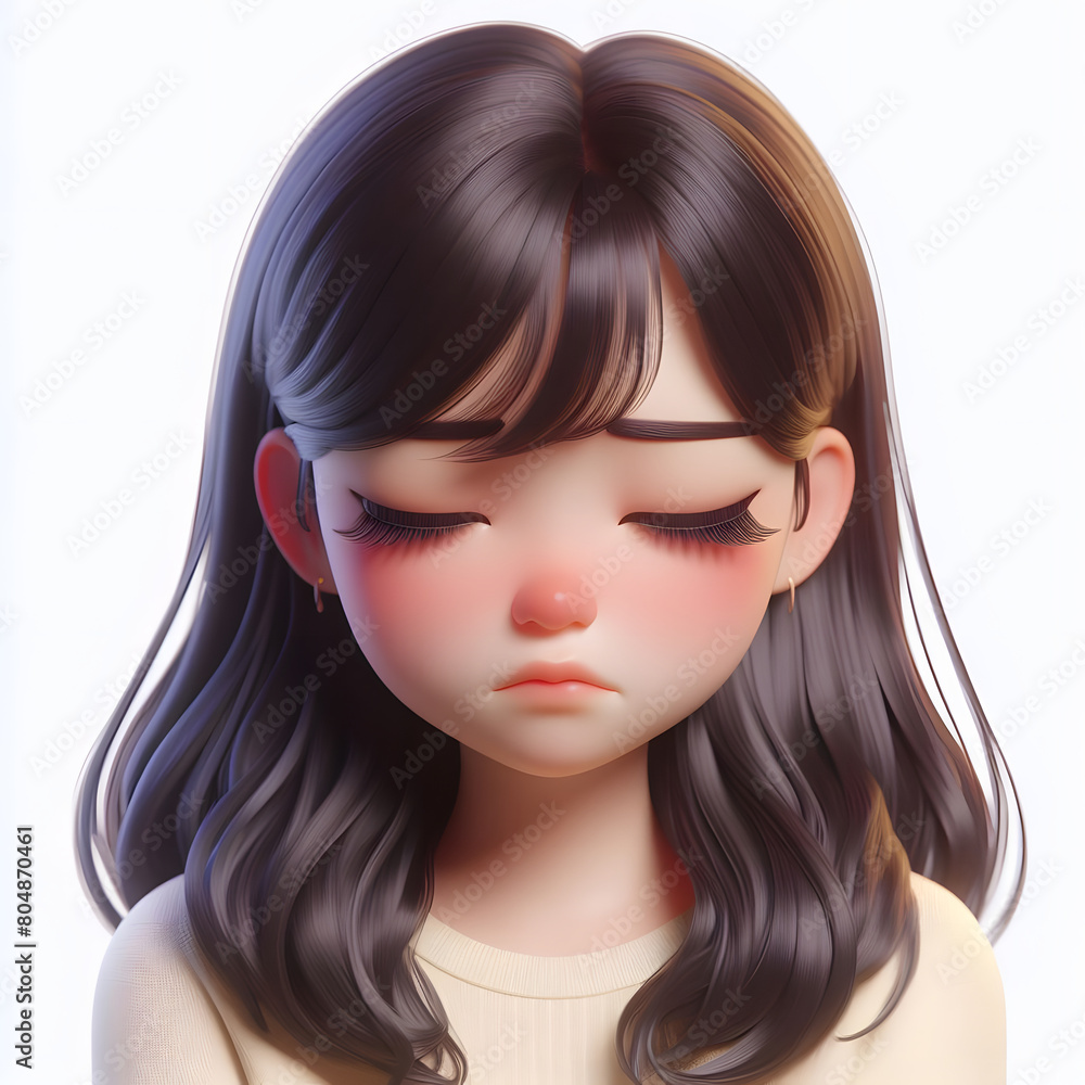 Asian cartoon character girl, young women portrait, female, sad mood, feeling expression concept, eyes closed, 3d style, isolated on a white background Asian cartoon character girl, young women portrait, female, sad mood, feeling expression concept, eyes closed, 3d style, isolated on a white background