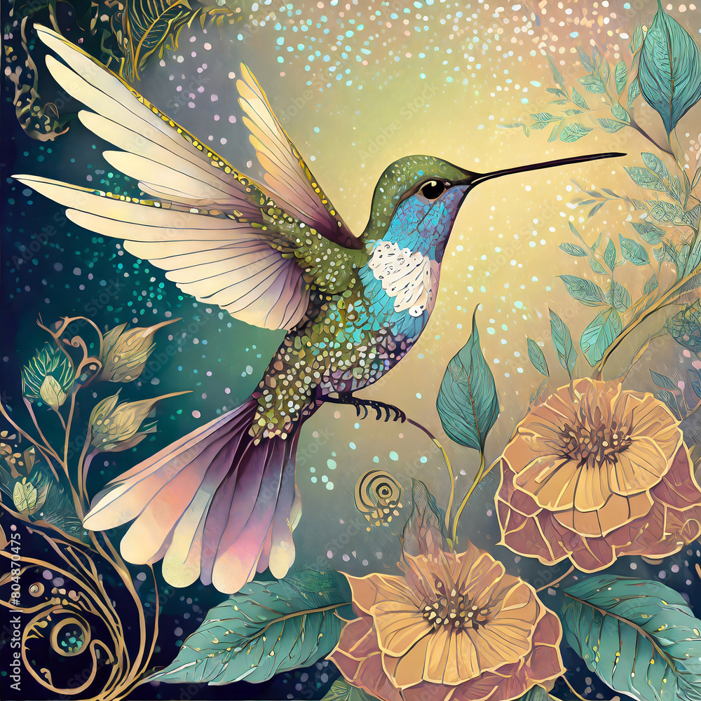 Fototapeta premium pattern with hummingbird and flowers 