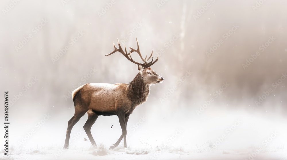 Portrait of a wildlife deer walking out of the fog. generative AI image Portrait of a wildlife deer walking out of the fog. generative AI image