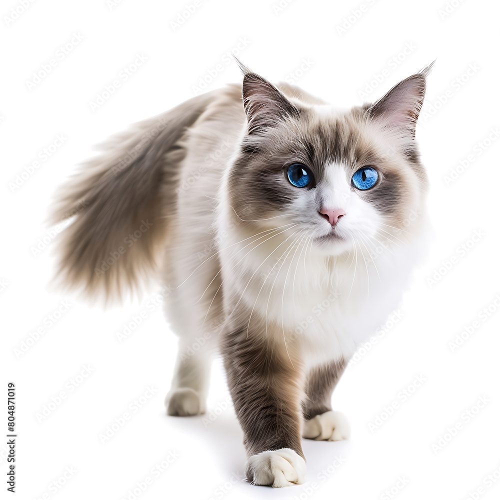 Beautiful adult mink Ragdoll cat, standing facing camera. Looking straight in lense with mesmerising aqua greenish eyes. One paw playful lifted. Isolated on a white background. Generative Ai