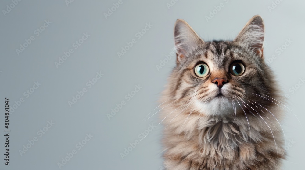 Portrait of confused cat expression with gray background, copy space. generative AI image Portrait of confused cat expression with gray background, copy space. generative AI image