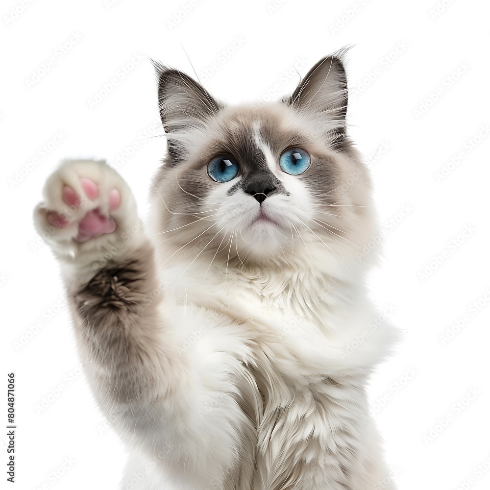 Beautiful adult mink Ragdoll cat, standing facing camera. Looking straight in lense with mesmerising aqua greenish eyes. One paw playful lifted. Isolated on a white background. Generative Ai
