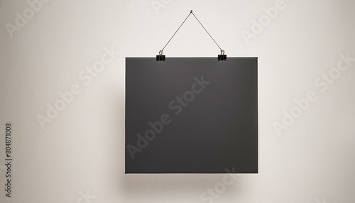 Photo of blank black canvas hanging on the white background. 3d render