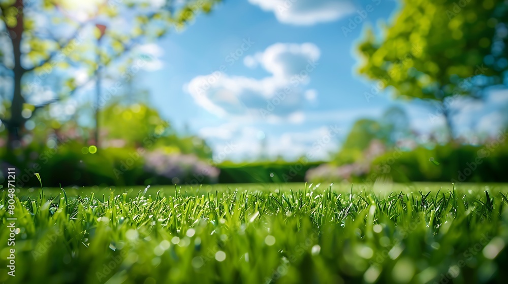Beautiful blurred background image of spring nature with a neatly trimmed lawn surrounded by trees against a blue sky with clouds on a bright sunny day. Generative Ai