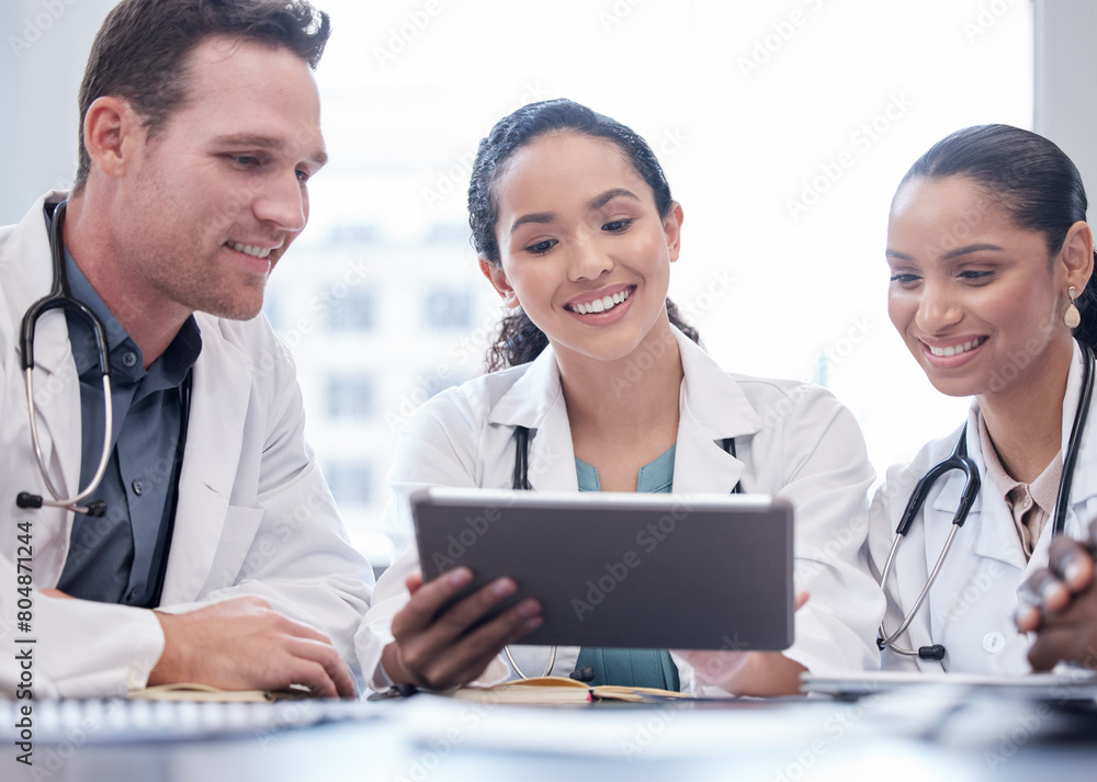 Smile, doctor and group on tablet for planning research, healthcare or people in discussion in hospital. Tech, happy and medical professional team in meeting for collaboration, wellness and diversity Smile, doctor and group on tablet for planning research, healthcare or people in discussion in hospital. Tech, happy and medical professional team in meeting for collaboration, wellness and diversity