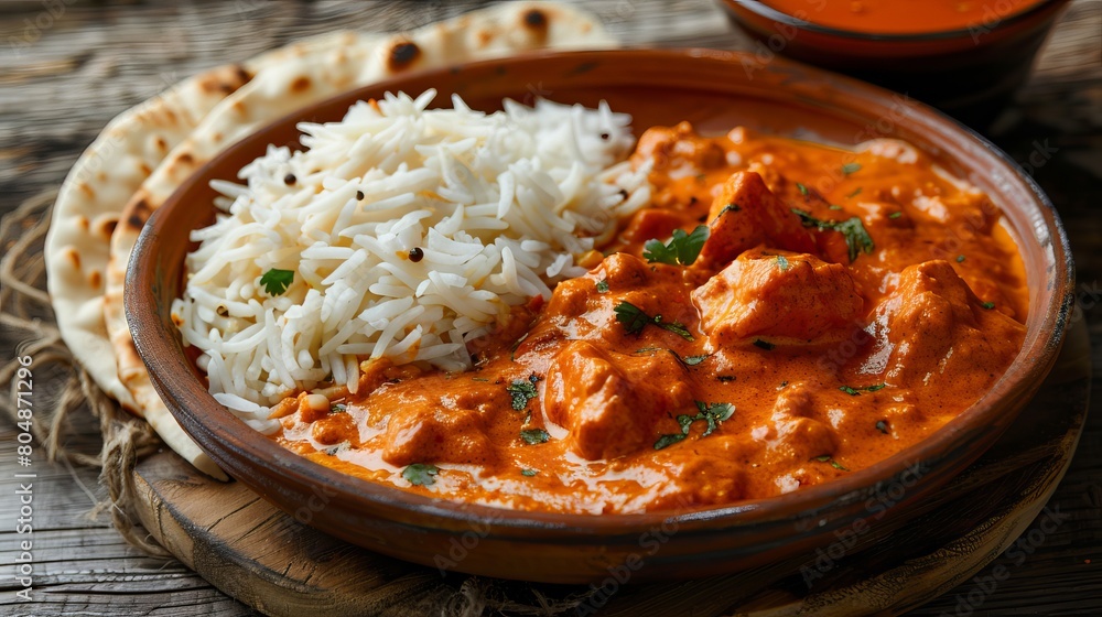 Delicious Chicken Tikka Masala Curry Served with Rice and Naan Bread on Wooden Background - Authentic Indian Cuisine Photography