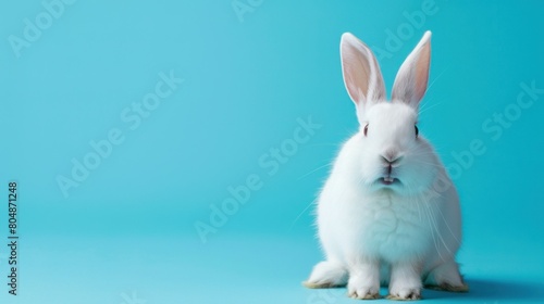 Cute expression animal rabbit white color smiling isolated blue background, copy space