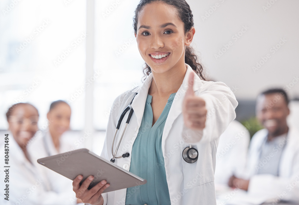 Portrait, smile and doctor with thumbs up, tablet and support for ...