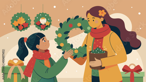 A mother and daughter picking out natural and biodegradable wreaths made from locally sourced materials at a holiday market.. Vector illustration
