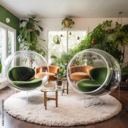 An eclectic living room with transparent bubble chairs and lush greenery 