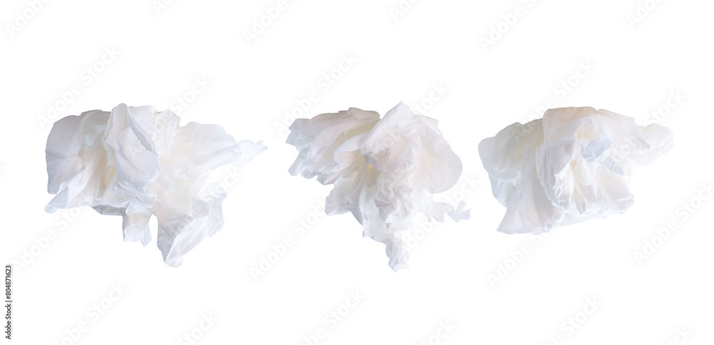 Top view set of screwed or crumpled tissue paper balls after use in toilet or restroom isolated on white background with clipping path Top view set of screwed or crumpled tissue paper balls after use in toilet or restroom isolated on white background with clipping path