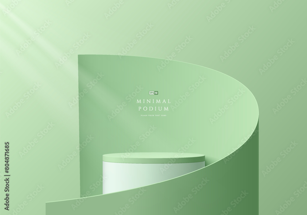 3D green round product podium background with paper cut swirl flow. Abstract composition in minimal design. 3D studio showroom product pedestal, Fashion showcase mockup scene. Vector banner cosmetic. 3D green round product podium background with paper cut swirl flow. Abstract composition in minimal design. 3D studio showroom product pedestal, Fashion showcase mockup scene. Vector banner cosmetic.