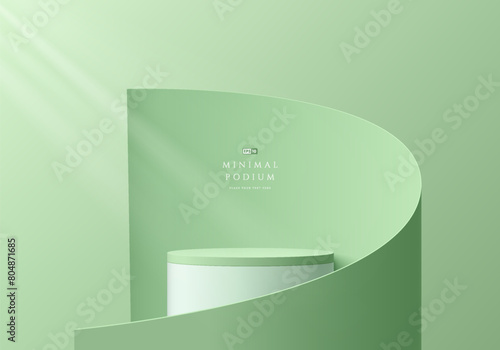 3D green round product podium background with paper cut swirl flow. Abstract composition in minimal design. 3D studio showroom product pedestal, Fashion showcase mockup scene. Vector banner cosmetic.
