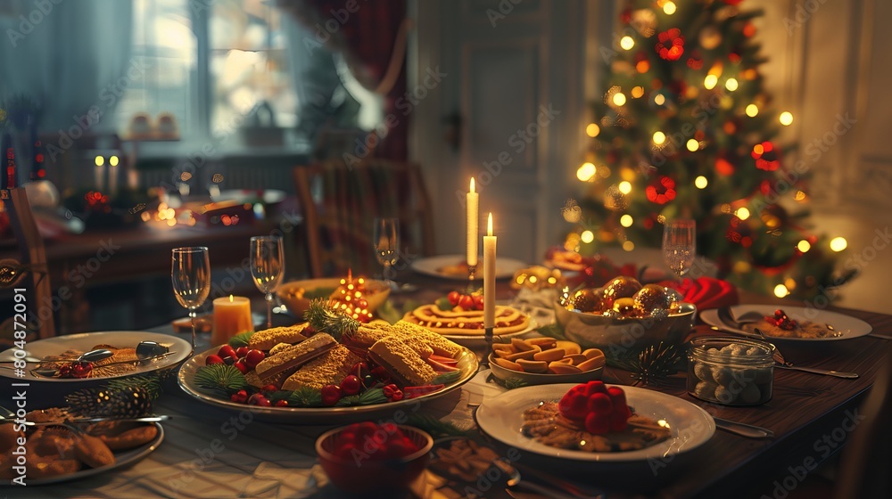 Fototapeta premium Joyful Christmas Feast: Abundant Dinner Table & Festive New Year Decor, Featuring a Christmas Tree Backdrop