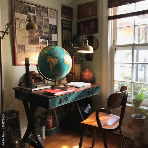 An eclectic workspace with a standing desk and vintage globe lighting