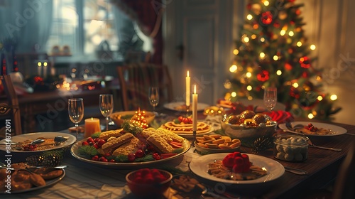 Joyful Christmas Feast: Abundant Dinner Table & Festive New Year Decor, Featuring a Christmas Tree Backdrop