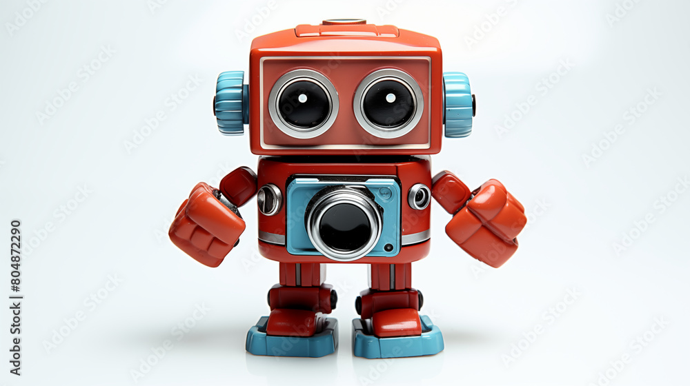 Fototapeta premium Cheerful-looking robot toy with a vintage design. The robot is primarily red with a bit of silver trim, and it has large, round black eyes that give it an expressive look.
