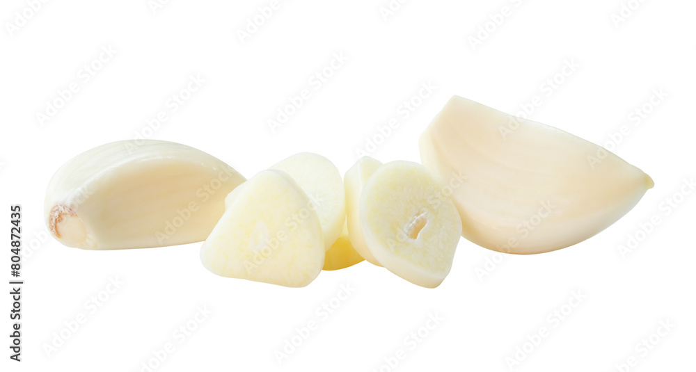 Top view of peeled garlic cloves with slices in stack isolated with clipping path in png file format Top view of peeled garlic cloves with slices in stack isolated with clipping path in png file format