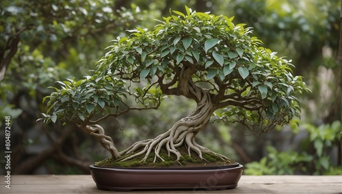 A realistic beautiful bonsai tree in natural garden photo