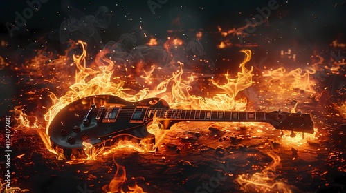 Electric guitar burning in the flames on a dark background, Generative AI illustrations. photo