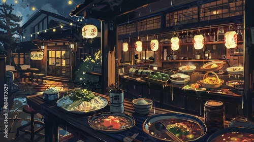 Nighttime Serenity: Enjoying Cozy Japanese Cuisine in Ambient Light