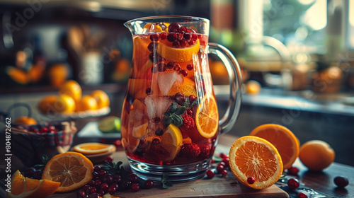 A refreshing pitcher of homemade sangria  filled with sliced oranges  lemons  and berries  infused with red wine and a splash of brandy for a fruity and festive cocktail perfect for entertaining. 