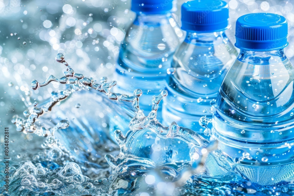 Ocean Conservation: Empty Water Bottles Aligned on the Sandy Beach, Advocating for a Plastic-Free Coastline