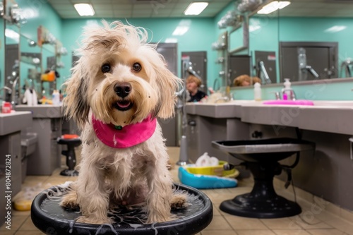 A dog is sitting on a stool in a room with a pink bandana around its neck photo