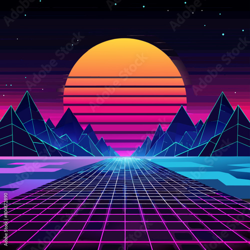 Retro-futuristic backgrounds with neon grids and sunsets.