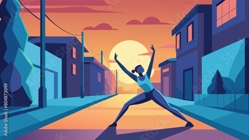 A lone figure practices their morning stretches on a quiet street illuminated by the soft light of the sunrise.. Vector illustration