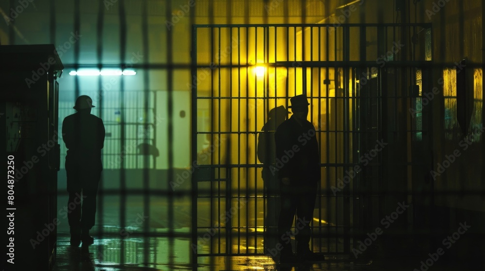 A night scene in a prison cell block, with guards performing a security check under the harsh light of the facility A night scene in a prison cell block, with guards performing a security check under the harsh light of the facility
