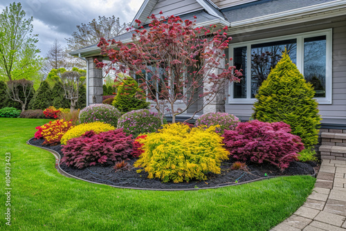Lush front yard garden in spring  featuring colorful shrubs and central green grass  captured in ultra-high-definition