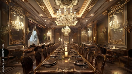 Fancy Luxury Restaurant Interior with Elegant Dining Setting and Soft Ambient Lighting
